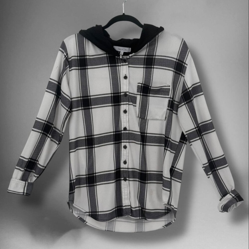 Eden & Olivia Black White Plaid Hooded Flannel Shacket Shirt Size M